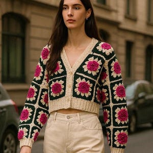 Handmade Crochet Rose Cardigan: Granny Square Knit, Fall Winter