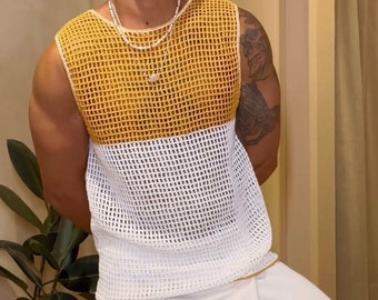 Crochet Mesh Shirt, Summer Tank Top, Unisex Sleeveless Top, Handmade Tank Top, Crochet Tank Top, Crochet Mustard White Vest,