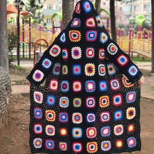 Crochet Maxi Coat: Knit Hooded Cardigan, Colorful Granny Squares