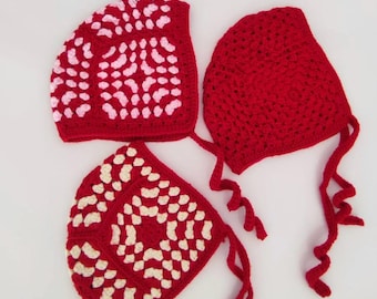 Handmade Crochet Tie Bonnet: Red Knit Winter Hat