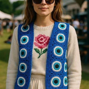 Crochet Granny Square Evil Eye Vest: Handmade Winter Waistcoat