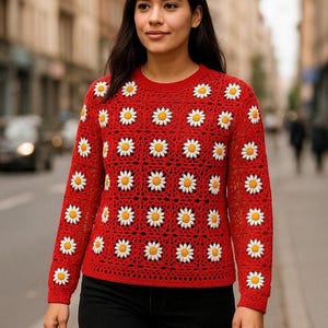 Crochet Sweater, Granny Square Sweater, Handmade Pullover, Crochet Daisy Sweater, Flower Sweater, Red Sweater, Knitted Sweater, Gift for her