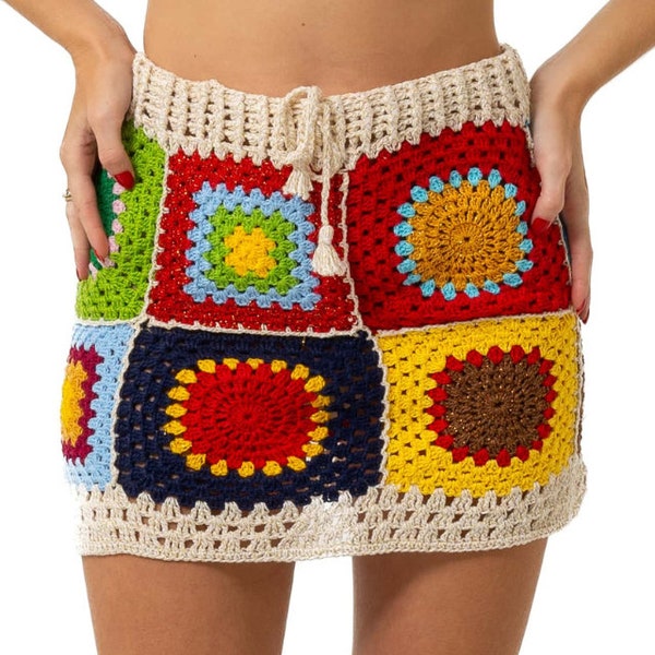 Crochet Mini Skirt, Crochet Vintage Skirt, Crochet Granny Square Mini Skirt, Handmade Colorful Skirt, Summer Skirt,  Beach Skirt, Knit Skirt