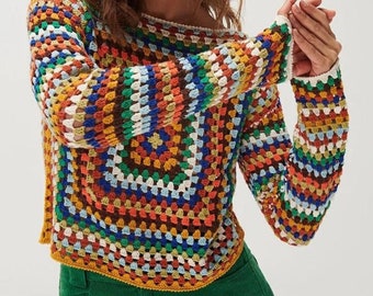 Women’s Crochet Pullover Sweater, Granny Square Sweater, Handmade Granny Square Pullover, Crochet Patchwork Sweater, Handmade Unisex Sweater
