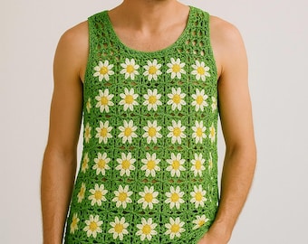 Handmade Crochet Daisy Tank Top: Men's Boho Festival Wear