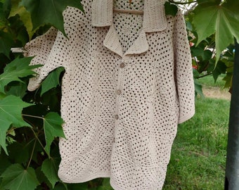 Camisa de algodón tejida a crochet hecha a mano: Top de punto unisex de gran tamaño