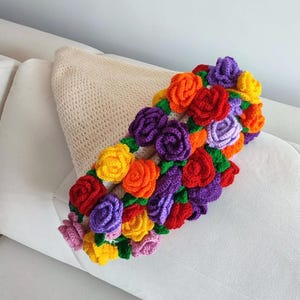 Crochet Colorful Rose Blanket: Handmade Wool Flower Bouquet