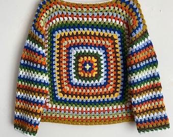 Handmade Crochet Granny Square Pullover Sweater: Unisex Patchwork