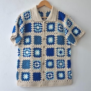 Crochet Granny Square Shirt: Handmade Cotton Knit, Unisex Design