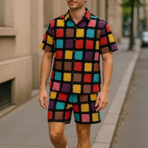 Conjunto de camisa y pantalones cortos de abuela a crochet: atuendo festivo para hombre