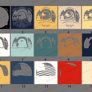 May include: A selection of 15 square designs with patriotic themes. The designs feature an eagle, the American flag, and the Statue of Liberty. Some designs include the text "AMERICA" and "250th Anniversary". The colour palette includes navy, gold, and red.
