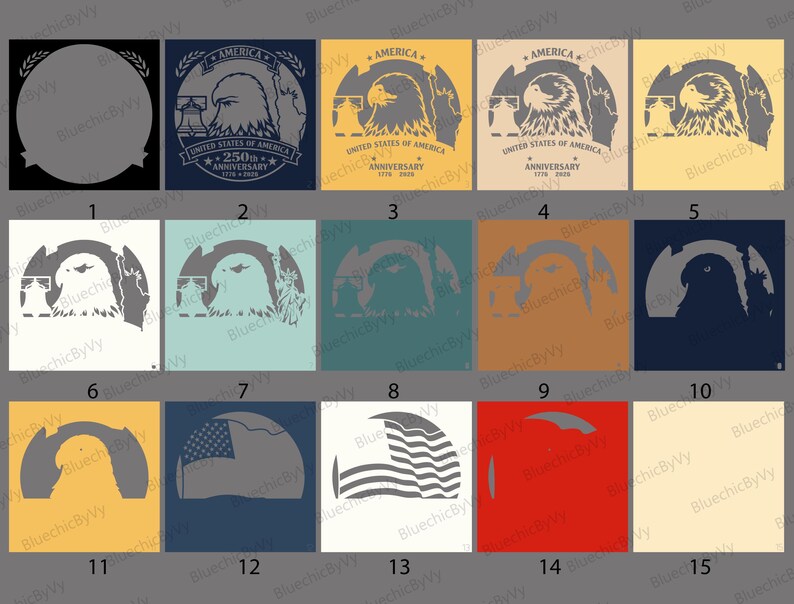 May include: A selection of 15 square designs with patriotic themes. The designs feature an eagle, the American flag, and the Statue of Liberty. Some designs include the text "AMERICA" and "250th Anniversary". The colour palette includes navy, gold, and red.