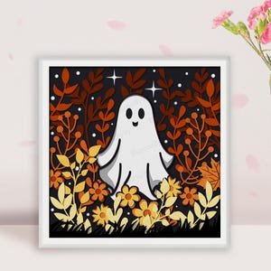 May include: A white ghost with a friendly face stands in a field of orange, yellow, and brown flowers. The background is a dark blue with white stars.