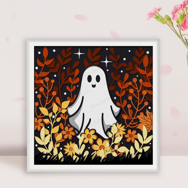 May include: A white ghost with a friendly face stands in a field of orange, yellow, and brown flowers. The background is a dark blue with white stars.