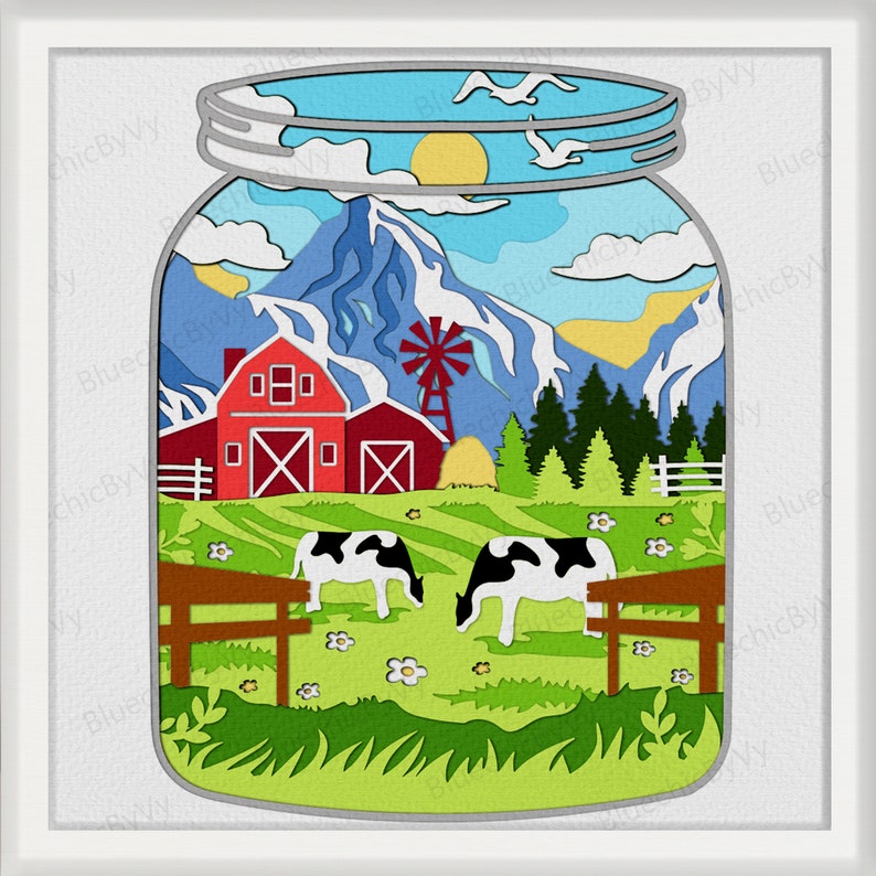 May include: A layered paper art piece showing a farm scene within a mason jar. The scene features a red barn, windmill, mountains, cows, and a blue sky with a sun and birds. The artwork is framed with a white border.