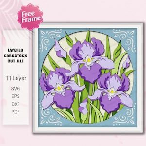 Scatola delle ombre con fiori di iris, carta tagliata, decorazione con fiori di iris, scatola delle ombre con fiori di nascita di febbraio, regalo di compleanno con fiori di iris, fiore di iris /K375