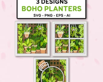Bundle Boho Planters Shadow Box svg, Planters 3D Box,  Planters SVG, Boho svg, For Cricut File,3D Box Gift,Boho Planters SVG, Planters Decor
