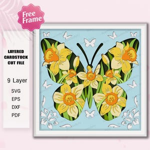 Fichier papier découpé jonquille fleur papillon | Décoration papillon jonquilles, fleur de naissance de mars, boîte à ombres, fleur d'anniversaire jonquille / K380