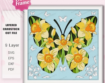 Daffodil Flower Butterfly Shadow Box Paper Cut File | Butterfly Daffodil Decor March Birth Flower Shadow Box Daffodil Birthday Flower /K380