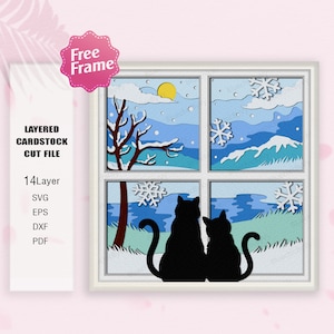 Couple chats et hiver fenêtre Shadow Box svg, boîte 3D chat, chats et hiver, boîte 3d fenêtre chat hiver, pour fichier Cricut, chat svg, décoration chat