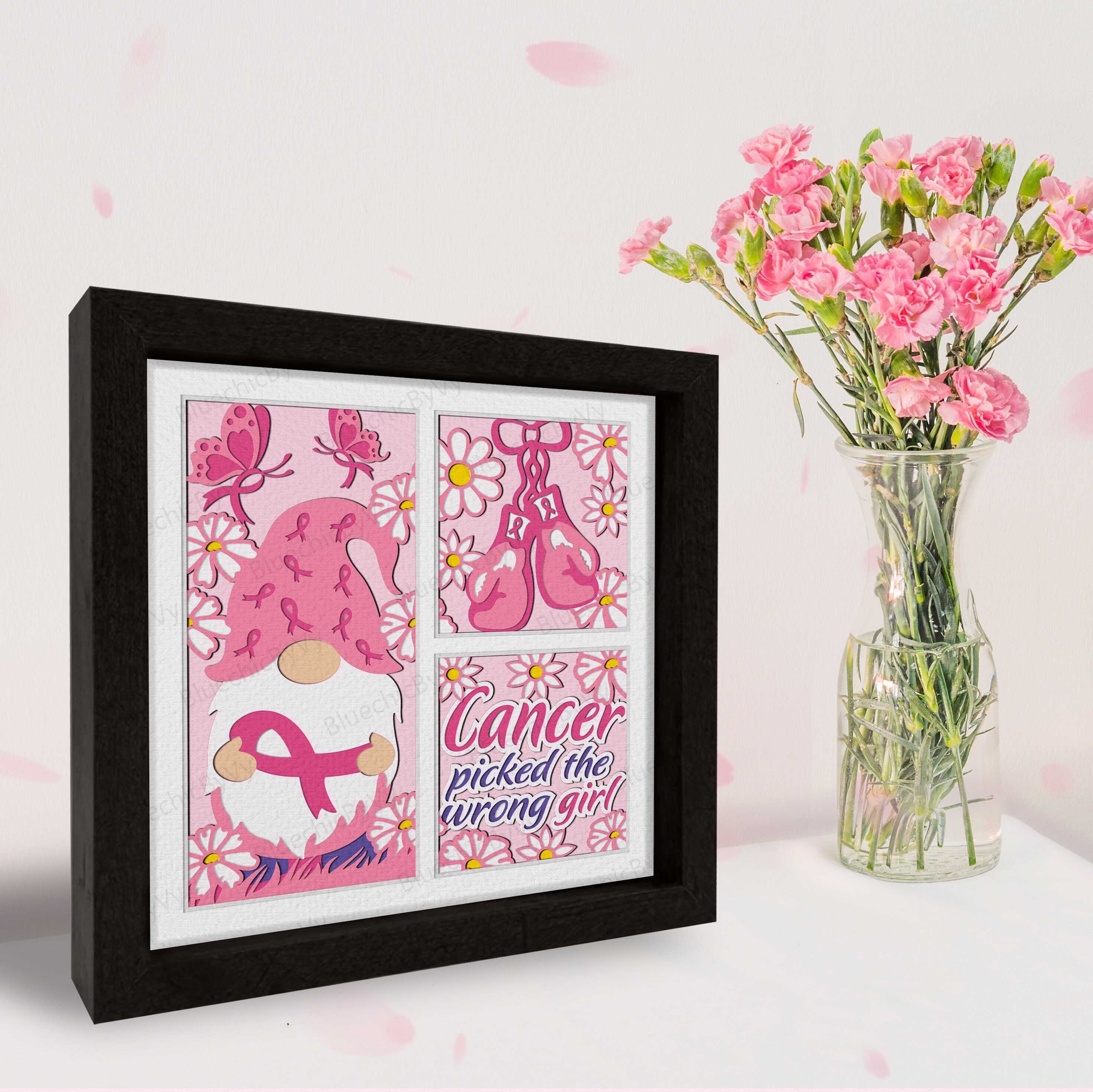 Breast Cancer Awareness Gnome Shadow Box SVG, Pink Ribbon Layered ...