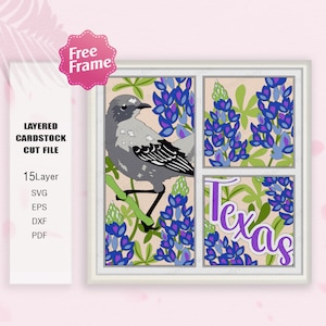 Texas Flower Bluebonnet e Bird Shadow Box SVG, Mason jar 3D Box, Texas State Bird svg, Bird Texas, Shadow Box Gift, per file cricut