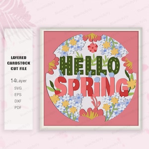 Bonjour printemps Shadow Box SVG, Spring Shadow Box, boîte 3D lapin de Pâques, cadeau de Pâques, Bienvenue au printemps Shadow Box, décoration d'intérieur, boîte 3D fleurs sauvages