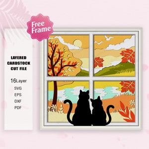 Couple chats et automne fenêtre Shadow Box svg, boîte 3D chat, chats et automne svg, jardinière automne chat, pour fichier Cricut, chat svg, décoration chat