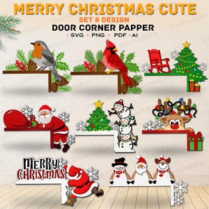 Op de afbeelding: Een digitale designset getiteld MERRY CHRISTMAS CUTE DOOR CORNER PAPPER met acht feestelijke hoekdecoraties, waaronder een roodborstje, kardinaal, kerstboom, de Kerstman, sneeuwpoppen, een rendier en tekst in SVG, PNG, PDF en AI-bestandsformaten.