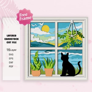 Chats et plantes d'intérieur Shadow Box Svg, boîte 3D chat et plante, chat et plante svg, pour fichier Cricut, chat et plante SVG, cadeau Shadow Box, chat SVG