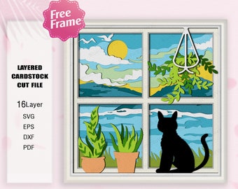 Cats and indoor Plant Shadow Box Svg, Cat and Plant 3D Box, Cat and Plant svg, For Cricut File, Cat and Plant SVG, Shadow Box Gift, Cat SVG