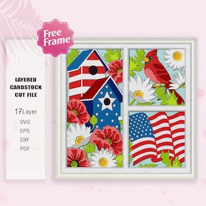 American Bird Cardinal y Poppy Shadow Box svg, Bird Cardinal 3D Box, 4 de julio svg, Decoración de la bandera americana, Archivo para Cricut, Día de la Independencia