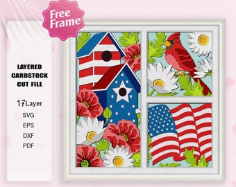 Caja de sombras de amapola y cardenal americano (SVG), caja 3D de cardenal, SVG del 4 de julio, decoración de la bandera estadounidense, archivo para Cricut, Día de la Independencia