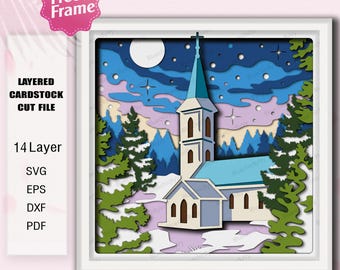 Christmas Shadow Box, Lightbox Church Scene, Snowy Pine Forest Night, Winter Chapel Wall Art, Holiday Faith Decor, Christmas Gift /K692