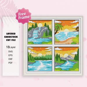 Sunset Window Shadow Box svg, Sunset Light Box Svg, Río SVG, Regalo de paisaje, Caja 3D del lago, Para archivo Cricut, Regalo de caja 3D, Cascada SVG, Lago SVG