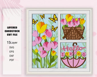 Tulip Flower Shadow Box SVG, Tulip Shadow Box, bloem 3D-box, liefhebber van tulp cadeau, tulp lichtbak Svg, voor cricut, bloem tulp svg