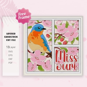 Missouri Flower e Eastern Bluebird Shadow Box SVG, Eastern Bluebird 3D Box, Missouri Flower, Per file cricut, Eastern Bluebird Decor