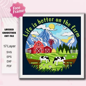 Livet är bättre på gården Shadow Box SVG, 17-lagers lantlig landskapspappersklippdesign med lada, kor, väderkvarn för bondgårdsdekor /K648