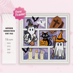 La sorcière fantômes Halloween Shadow Box Svg, Halloween 3D Box, svg de sorcière fantôme Boo, Halloween fantôme, chat d'Halloween, pour fichier Cricut, décoration d'Halloween
