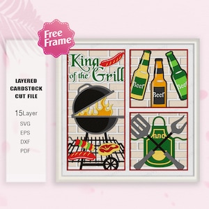 Bier und Grill Schattenbox SVG, Bier und Grill 3D Box, Schürze, Grill SVG, Für Cricut, King Of The Grill, lustiges Grillen SVG, Camping Dekor