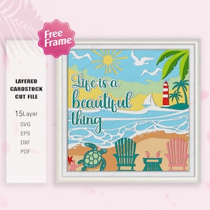 Caja de sombras La vida es una cosa hermosa, caja 3D de faro, caja de sombras Life Beach, decoración de faro, para Cricut, tortugas de playa SVG, playa SVG