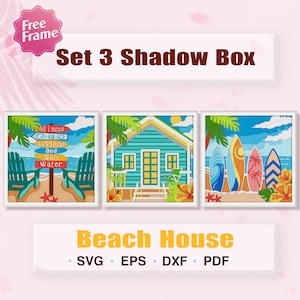 Bundle Beach House Shadow Box svg, Surfboard Beach 3D Box, Letni prezent, Beach House svg, Dla pliku Cricut, Shadow Box Gift, Deska surfingowa, Plaża SVG