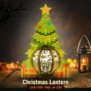 Svg de lanterne de Noël de sapin, boîte d'ombre d'arbre, papier découpé de lanterne, lanterne de Noël d'arbre, boîte de Noël 3D, joyeux Noël, décoration de Noël