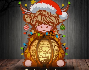 Highland Cow Christmas Lantern Svg, Highland Cow Shadow Box, Lantern Paper Cut, Christmas Lantern, Christmas 3D Box, Highland Cow Christmas