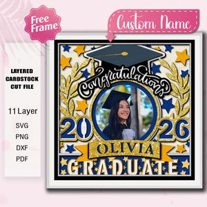 Arquivo SVG para Cricut de Moldura de Foto 3D com Tema de Formatura, Presente Personalizado com Nome para Formandos, Turma de 2025 /H32