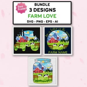 May include: A bundle of three farm-themed designs. The designs include a tractor, a circular design with the text "life is better on the farm", and a mason jar. Each design features cows, a red barn, and a windmill.