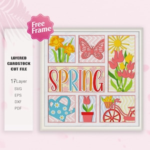 La primavera arriva Shadow Box SVG, farfalla fiore di primavera 3D, scatola luminosa di primavera, scatola 3D bicicletta di primavera, regalo di primavera, decorazioni di primavera, per file Cricut