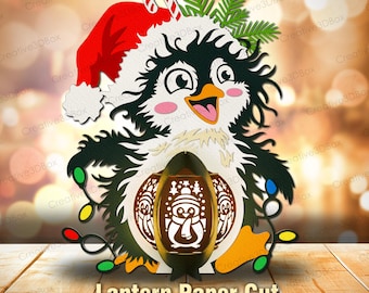 Funny Penguin Lantern SVG, Santa Hat Penguin Paper Cut, Christmas Lights Light Box, Silly Penguin Xmas Decor, Kids Lantern, Cricut /K1006