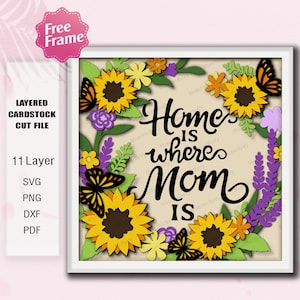 May include: A layered cardstock cut file with the text "Home is where Mom is" surrounded by sunflowers, butterflies, and other flowers. The design includes 11 layers and is available in SVG, PNG, DXF, and PDF formats.