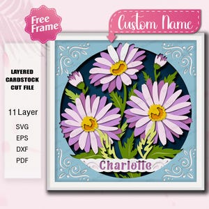 Caja de sombras SVG con flor de aster y nombre, diseño floral en capas de papel, mes de nacimiento de septiembre /K523